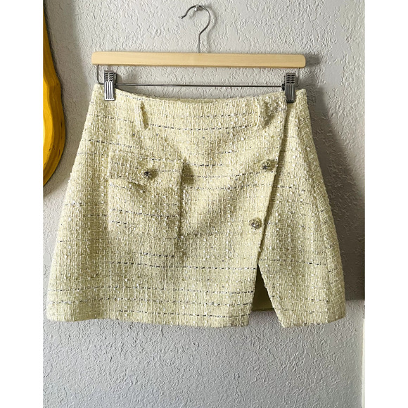 Self-Portrait Yellow Bouclé Tweed Crystal Button Mini Skirt Size 6 - Picture 2 of 7